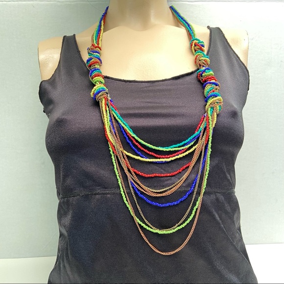 SW/WS Vintage multicoloured seed beads and chain statement necklace. Pre-owned. - Picture 2 of 7